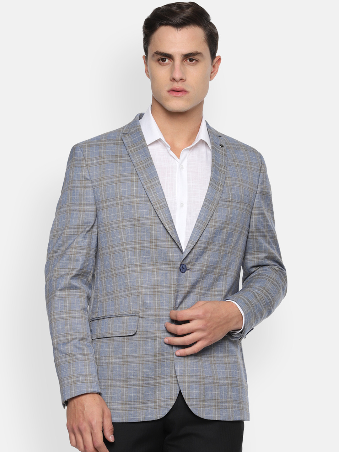 Van Heusen Men Blue & Grey Checked Slim-Fit Single-Breasted Formal Blazer