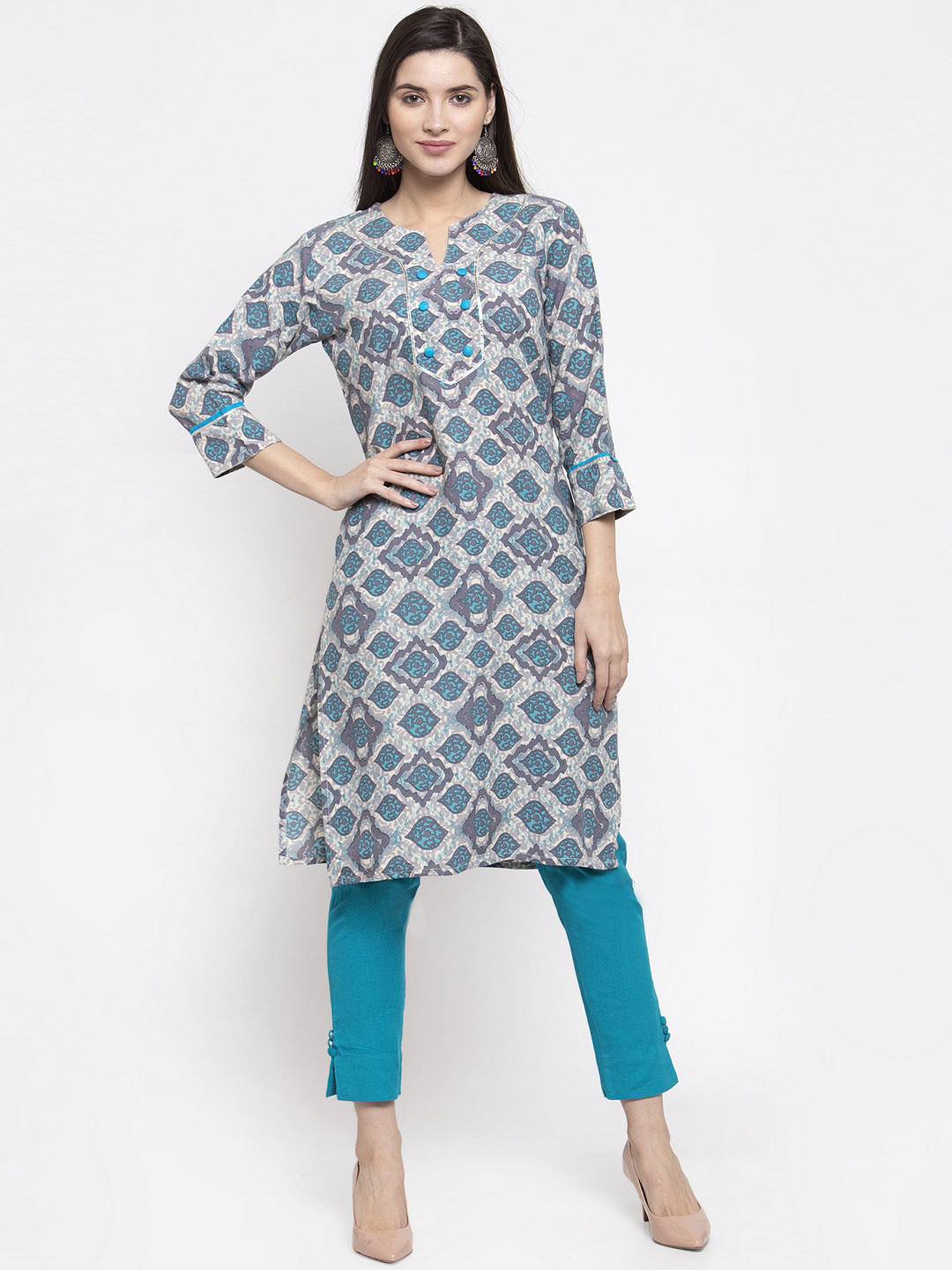 Indibelle Women Grey & Blue Printed Kurti with Trousers