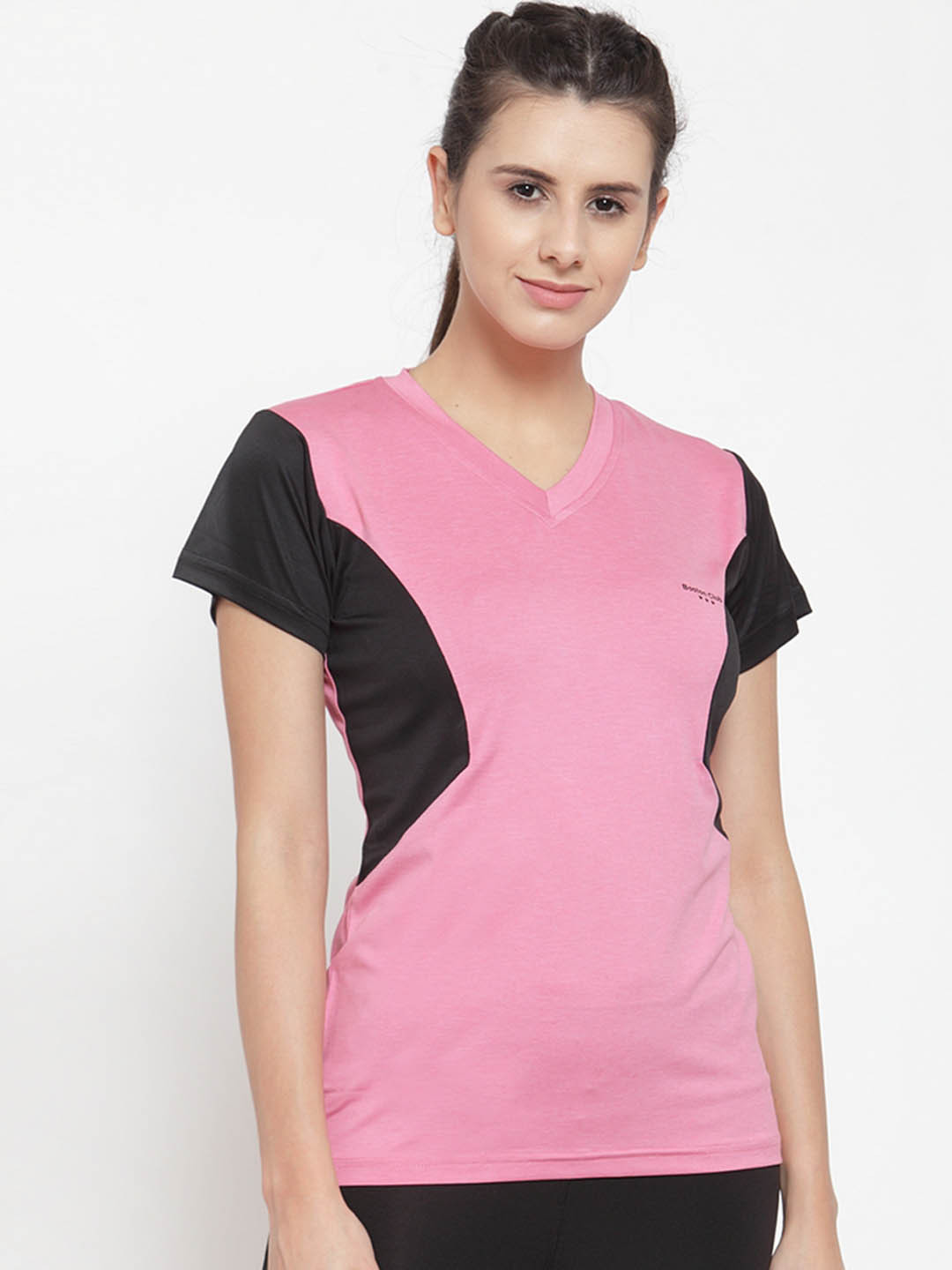 Boston Club Women Pink & Black Colourblocked V-Neck T-shirt