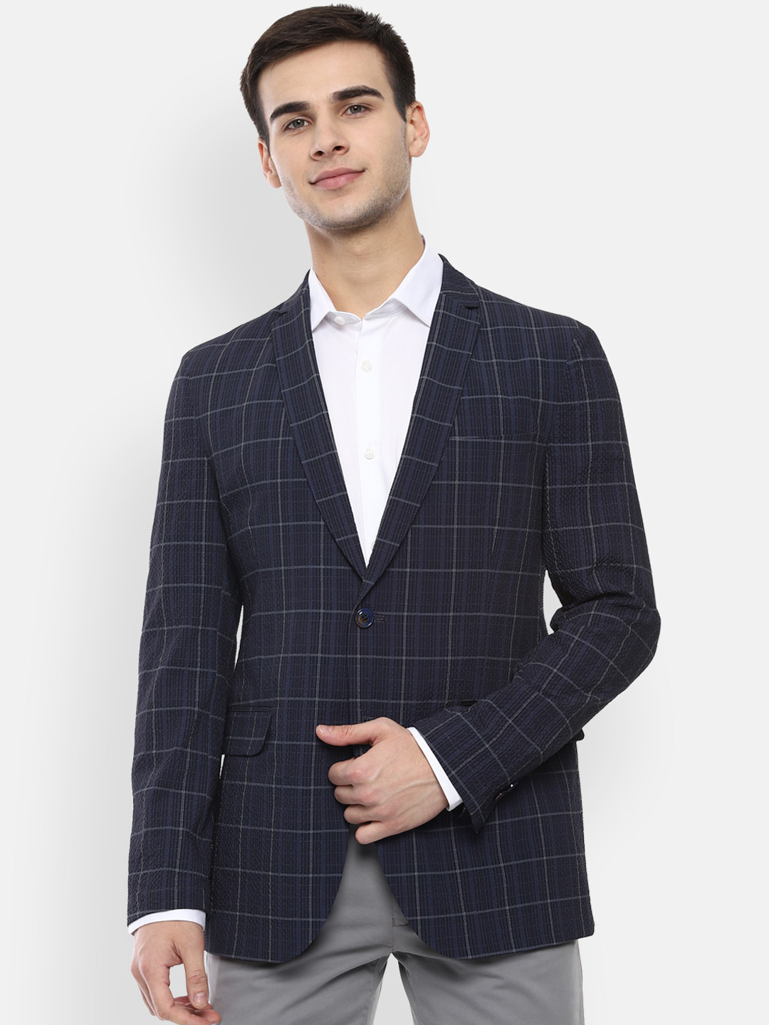 Van Heusen Sport Men Navy Blue Checked Slim-Fit Single-Breasted Casual Blazer