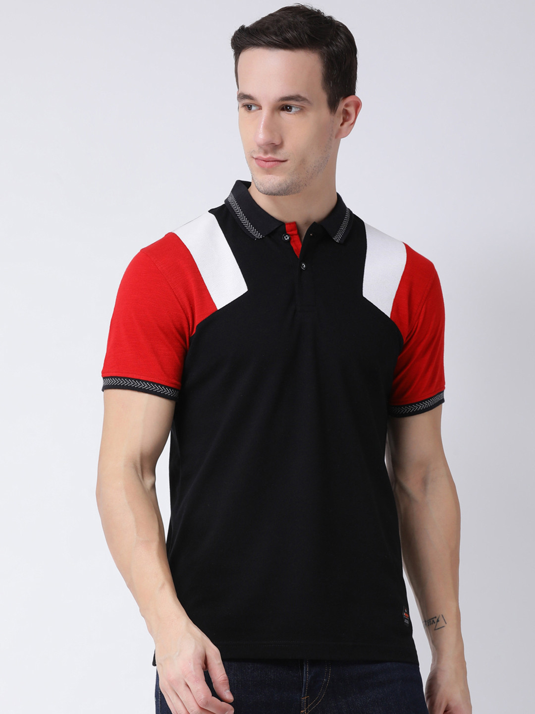 Club York Men Black & Red Colourblocked Polo Collar T-shirt