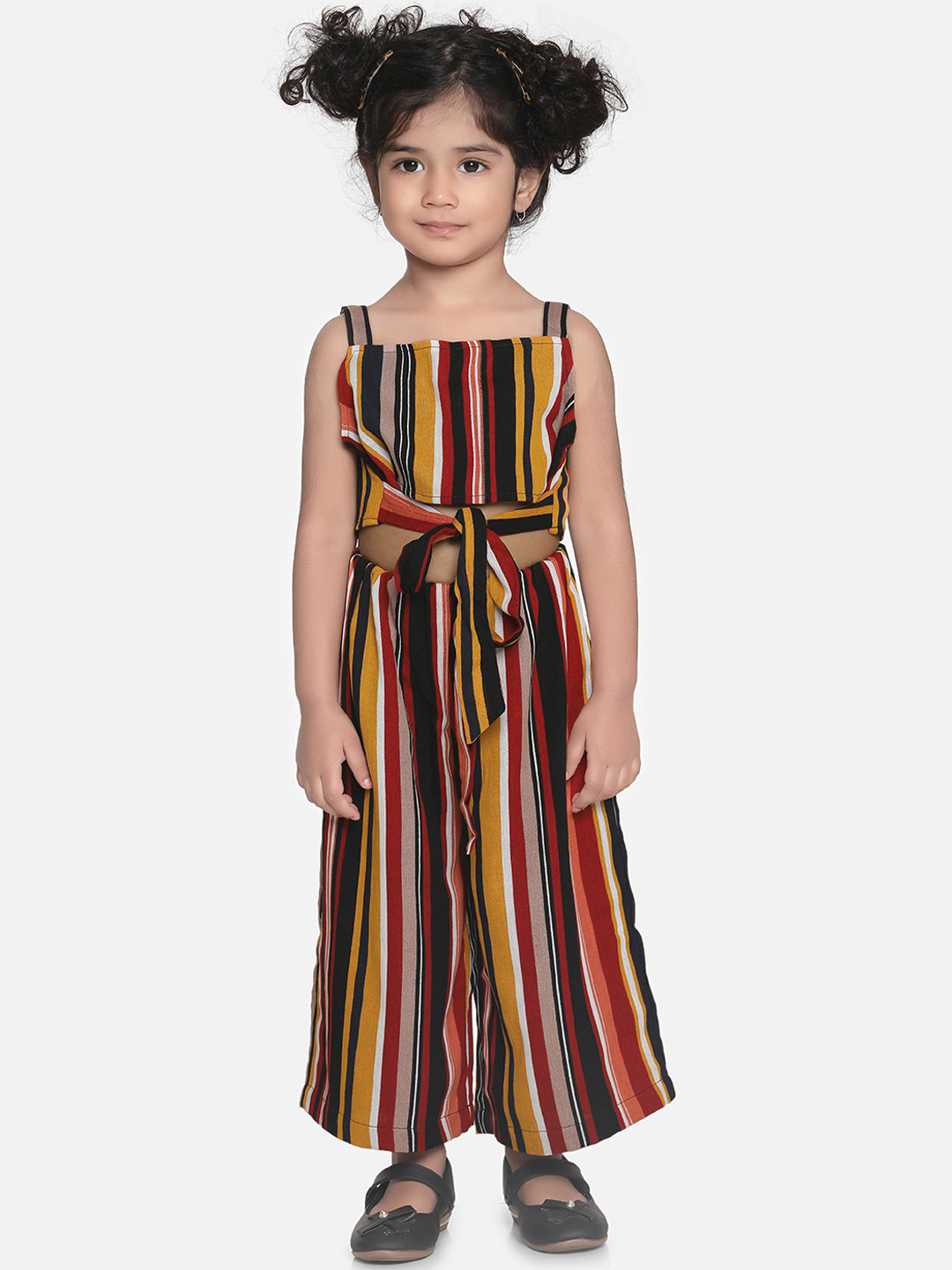 AWW HUNNIE Girls Mustard Yellow & Black Striped Top with Palazzos