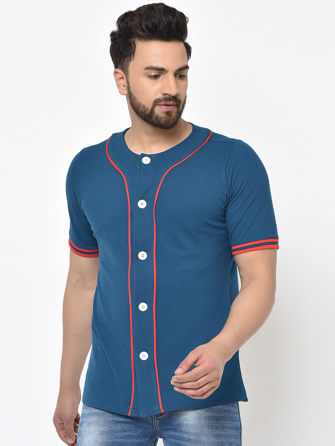 Aesthetic Bodies Men Blue Solid Buttoned T-shirt