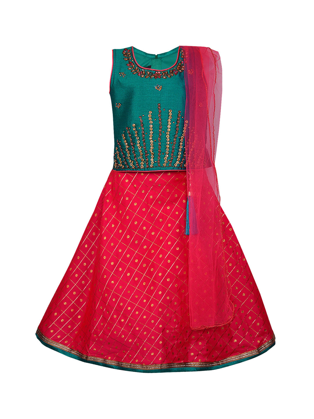 Wish Karo Girls Green & Pink Embellished Ready to Wear Pattu Pavadai with Dupatta