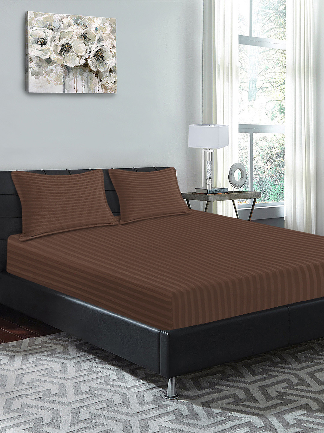 Good Homes by Home Candy Brown Striped Pure Cotton 300 TC King Superfine Bedsheet with 2 Pillow Covers-108 x 108 inches