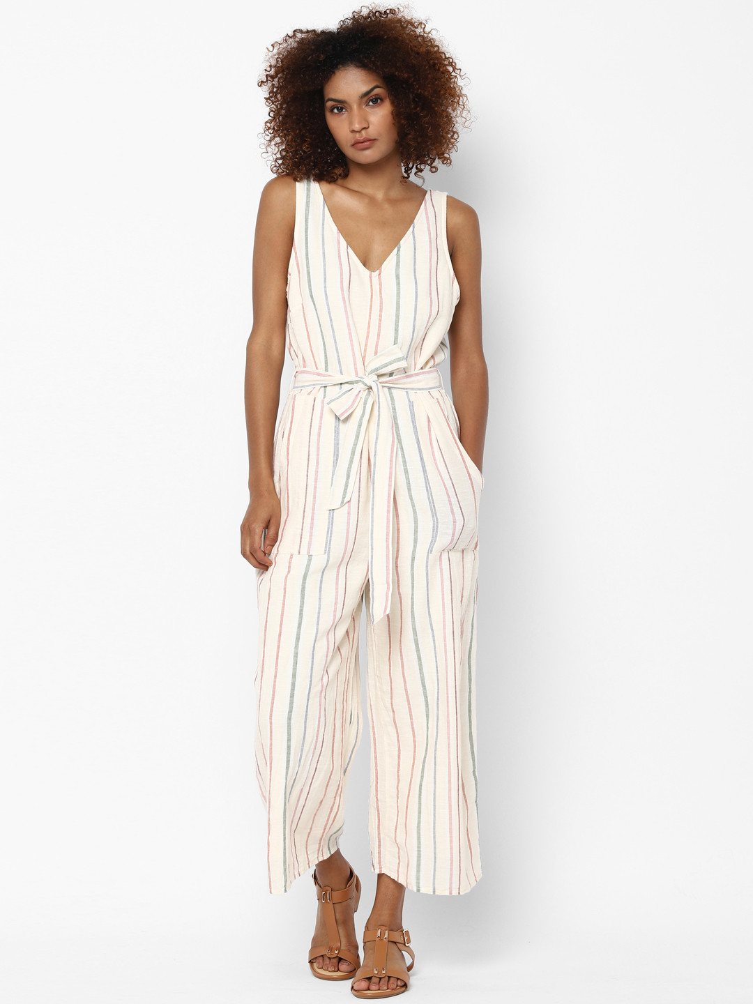 AMERICAN EAGLE OUTFITTERS Women Off White and Grey Striped Culotte Jumpsuit