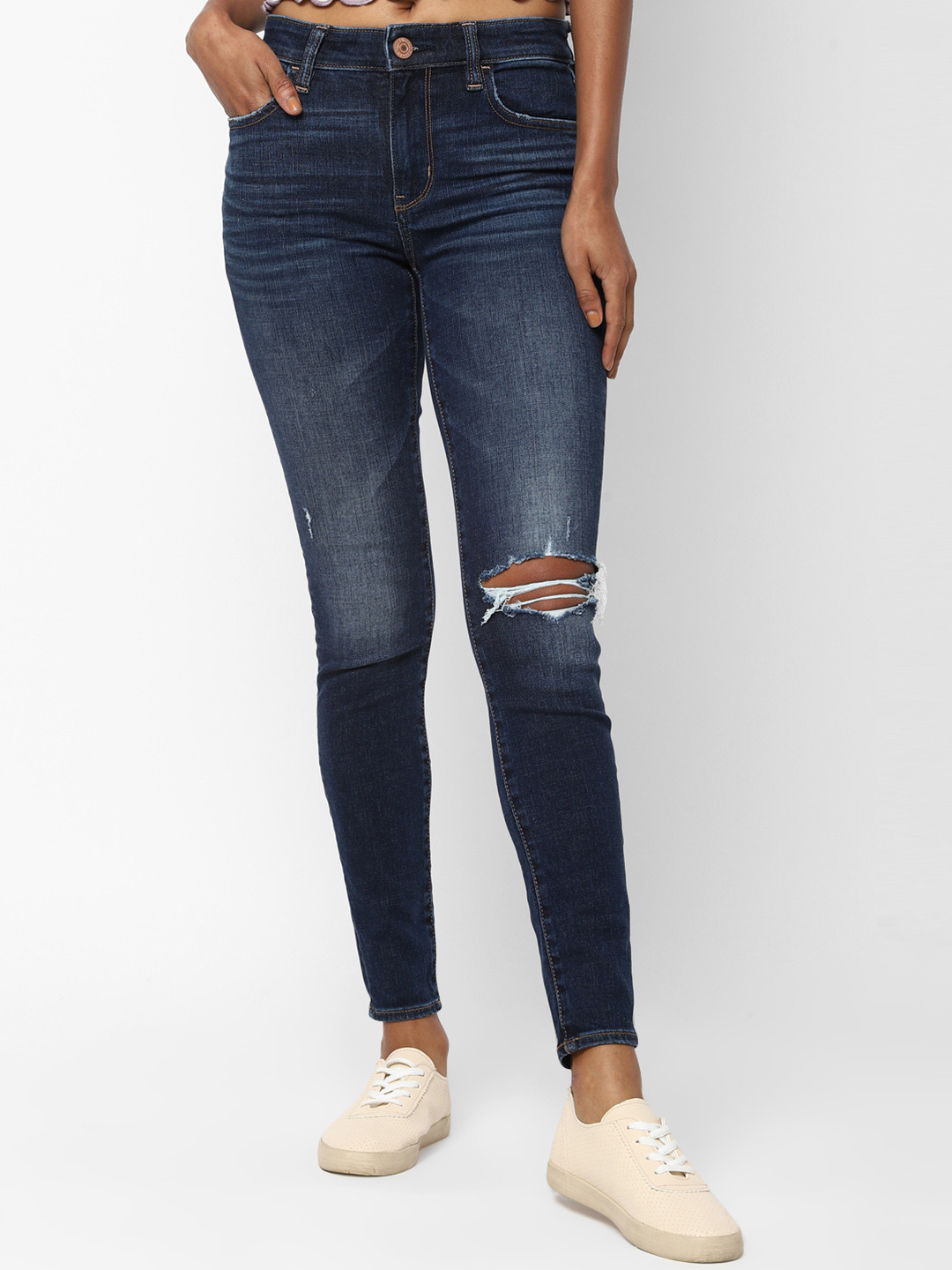 AMERICAN EAGLE OUTFITTERS Women Navy Blue Regular Fit High-Rise Slash Knee Stretchable Jeans