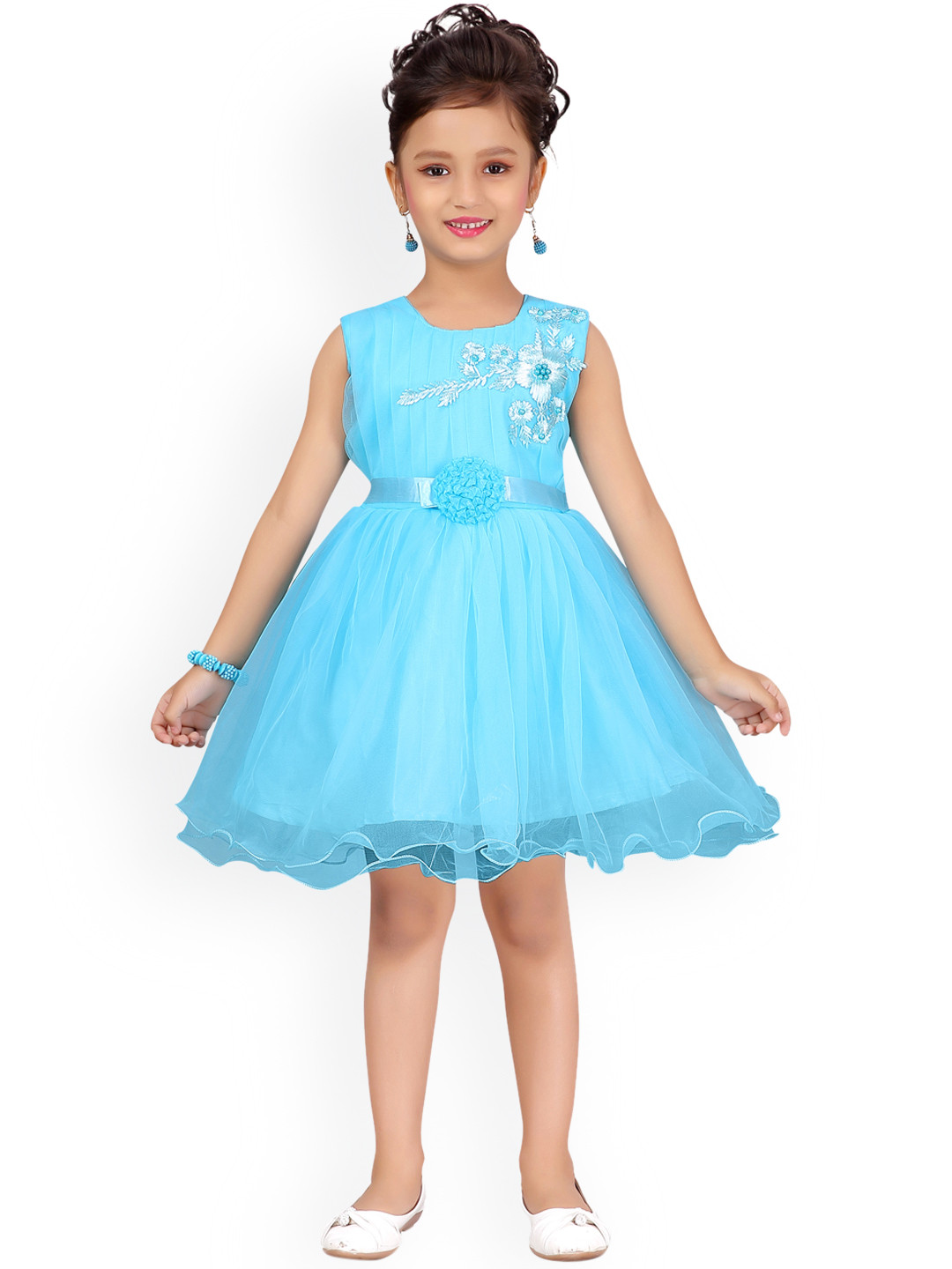 Aarika Girls Turquoise Blue Embellished Fit and Flare Dress