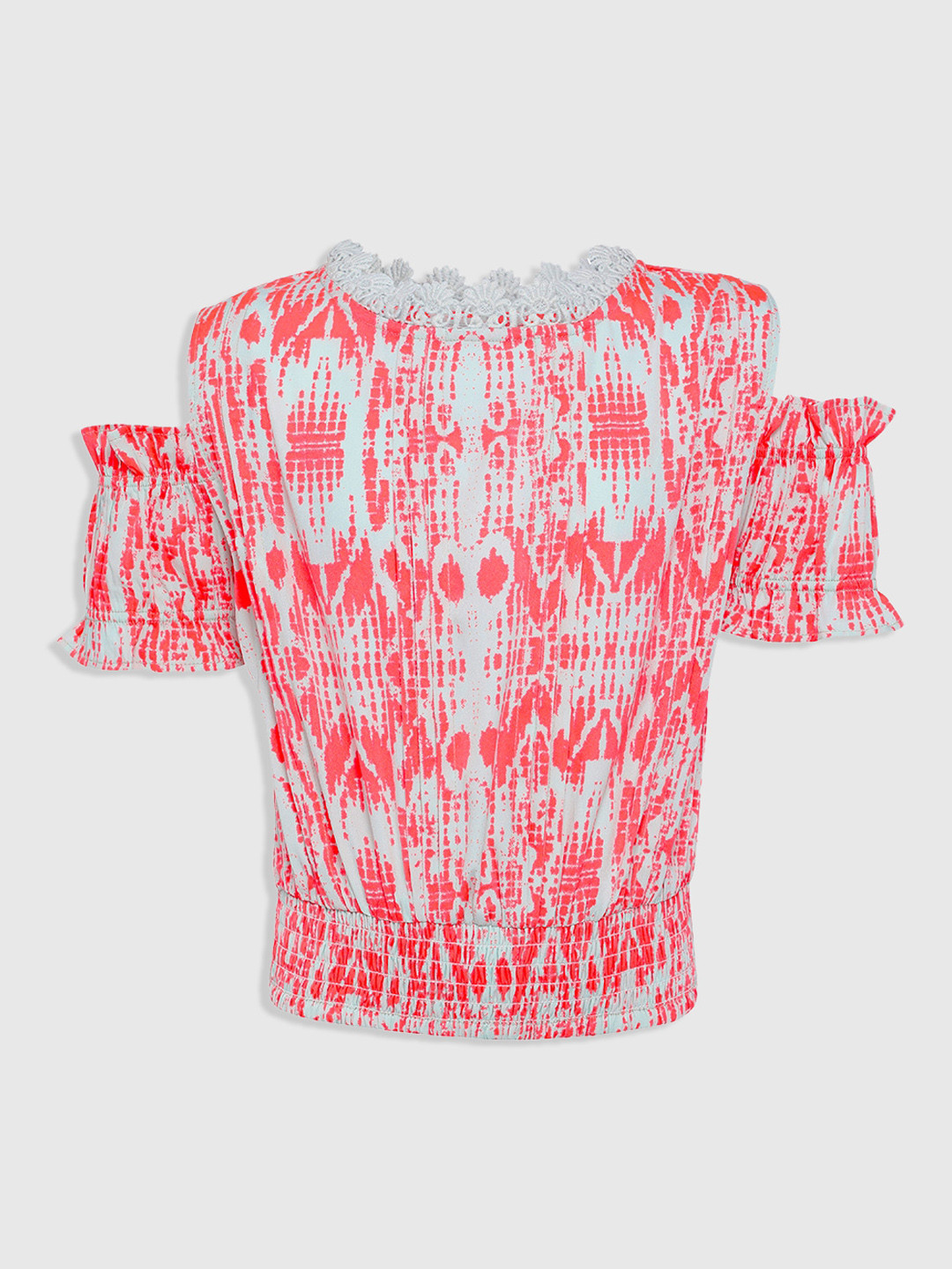 Oxolloxo Girls Coral Pink Printed Blouson Top