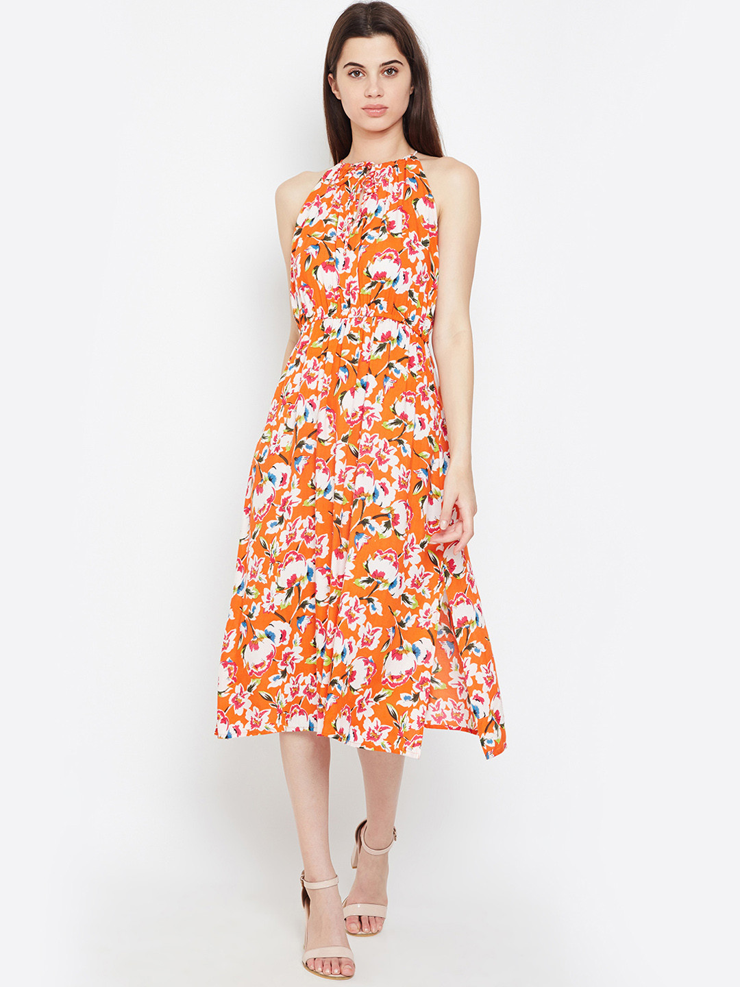 Oxolloxo Women Orange & White Printed Fit and Flare Dress