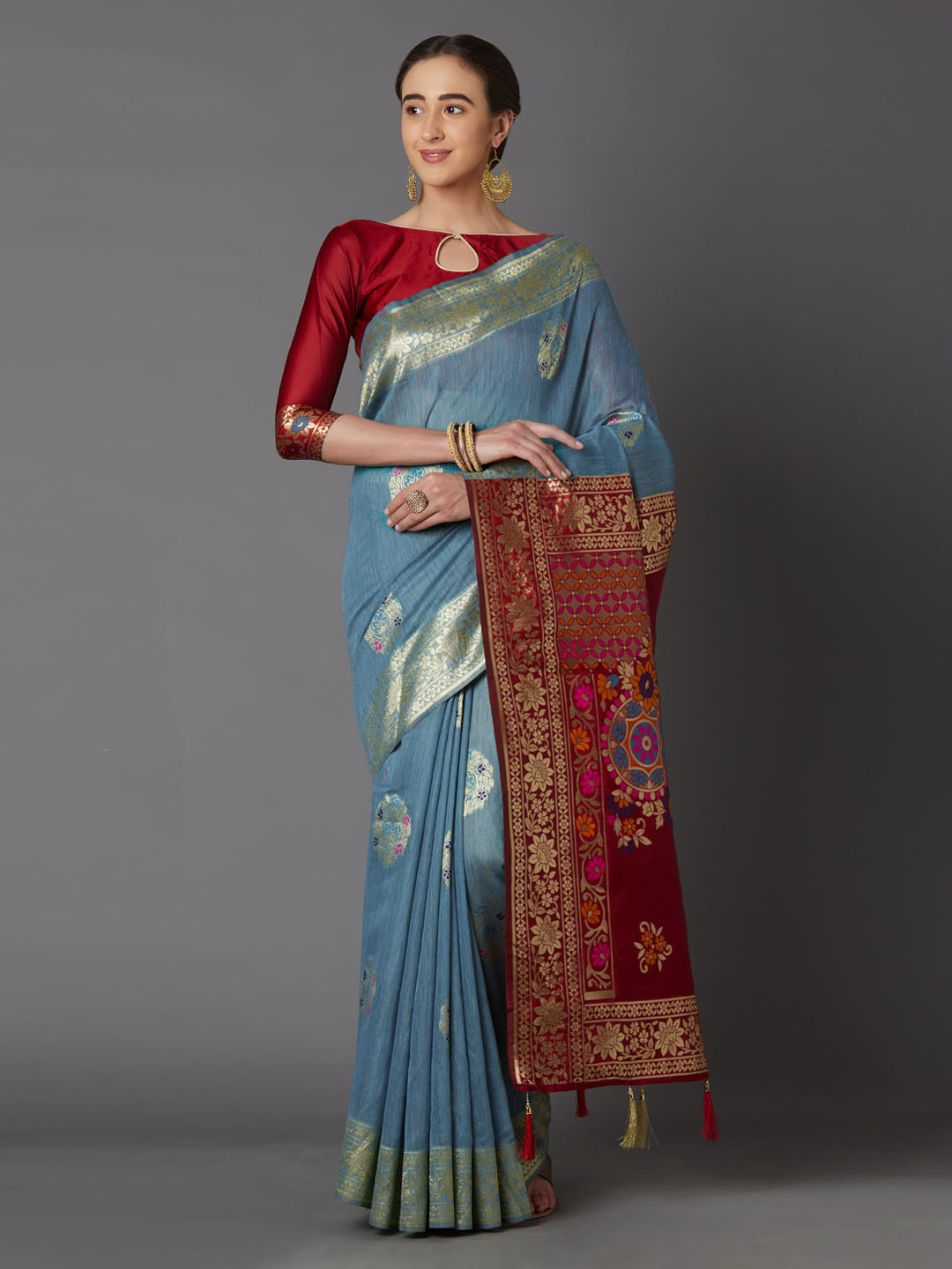 Mitera Blue & Maroon Silk Blend Woven Design Kanjeevaram Saree