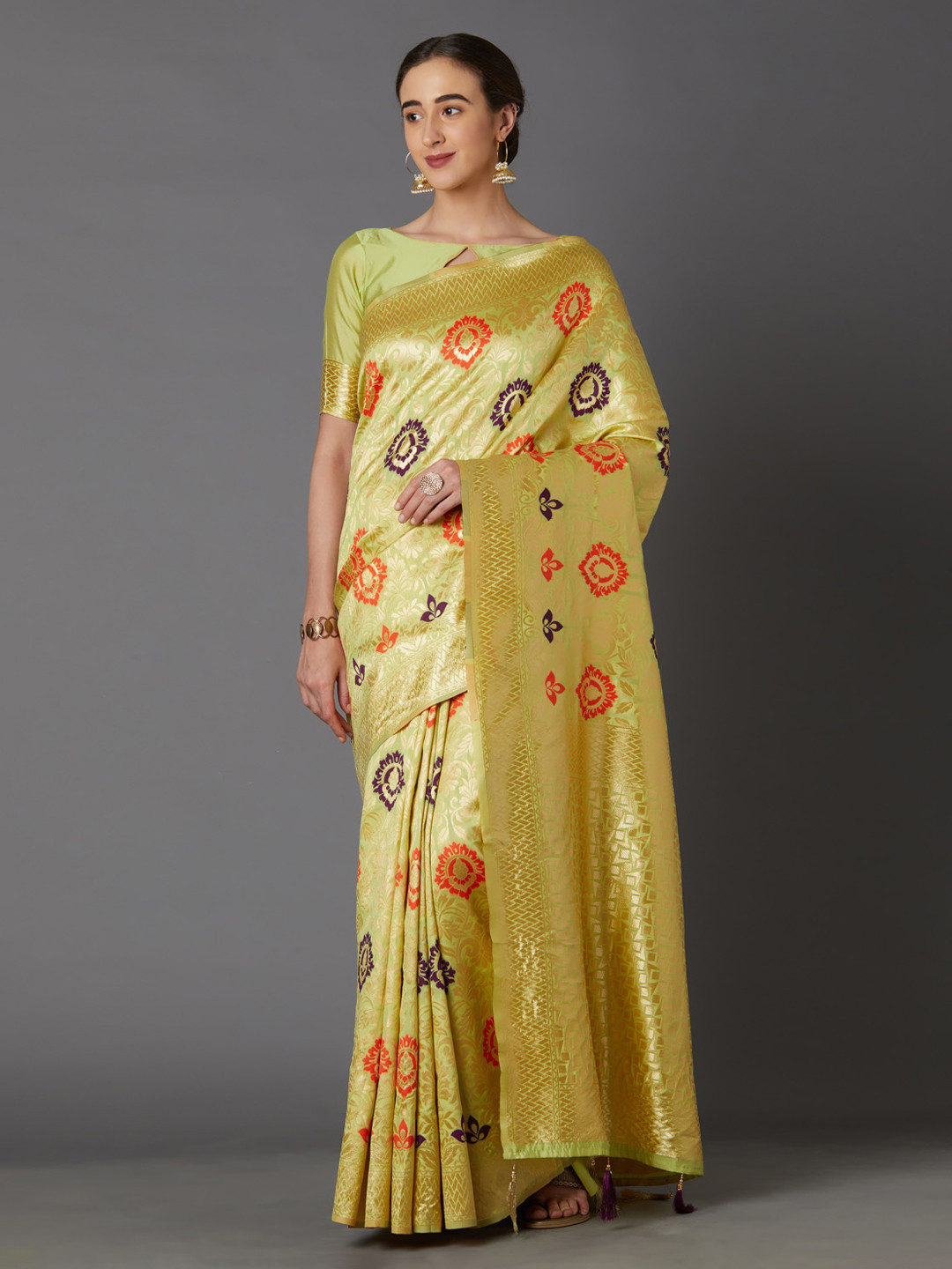 Mitera Lime Green & Gold-Coloured Silk Blend Woven Design Kanjeevaram Saree