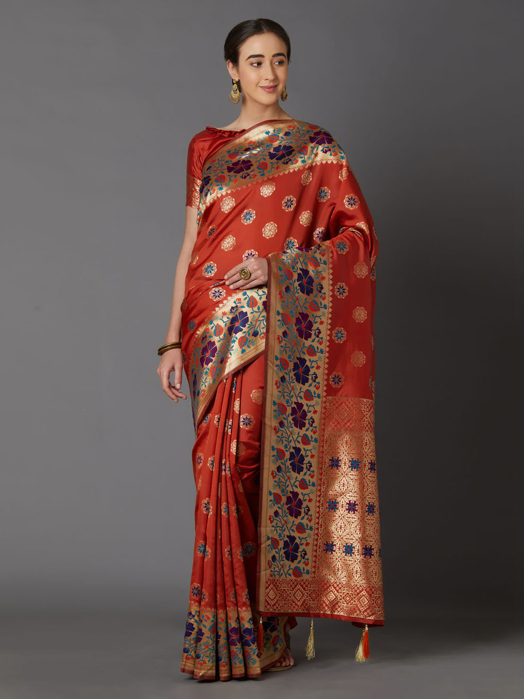 Mitera Rust Red & Gold-Coloured Silk Blend Woven Design Kanjeevaram Saree