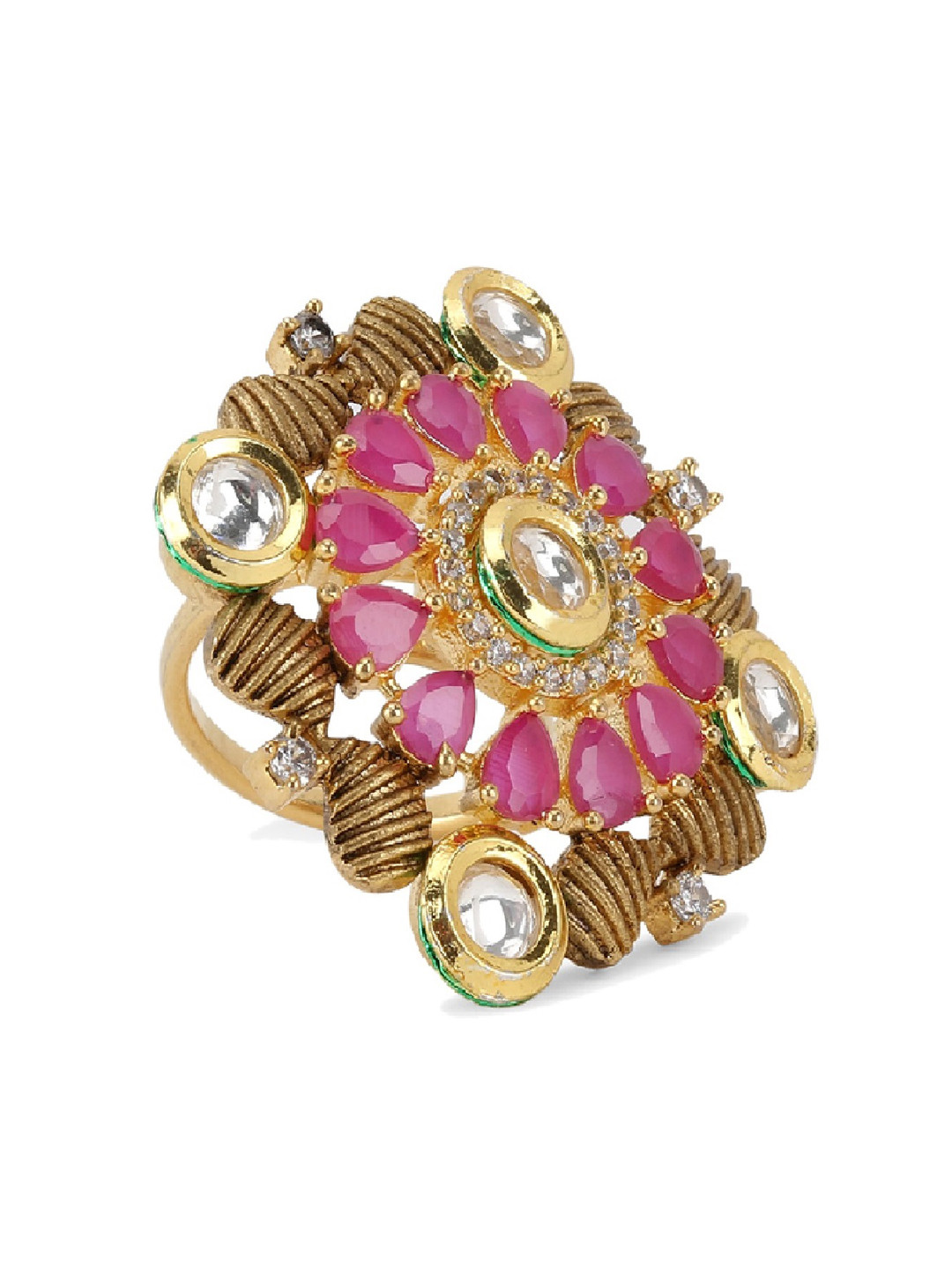 Bhana Fashion Gold-Plated & Pink American Diamond Handcrafted Finger Ring