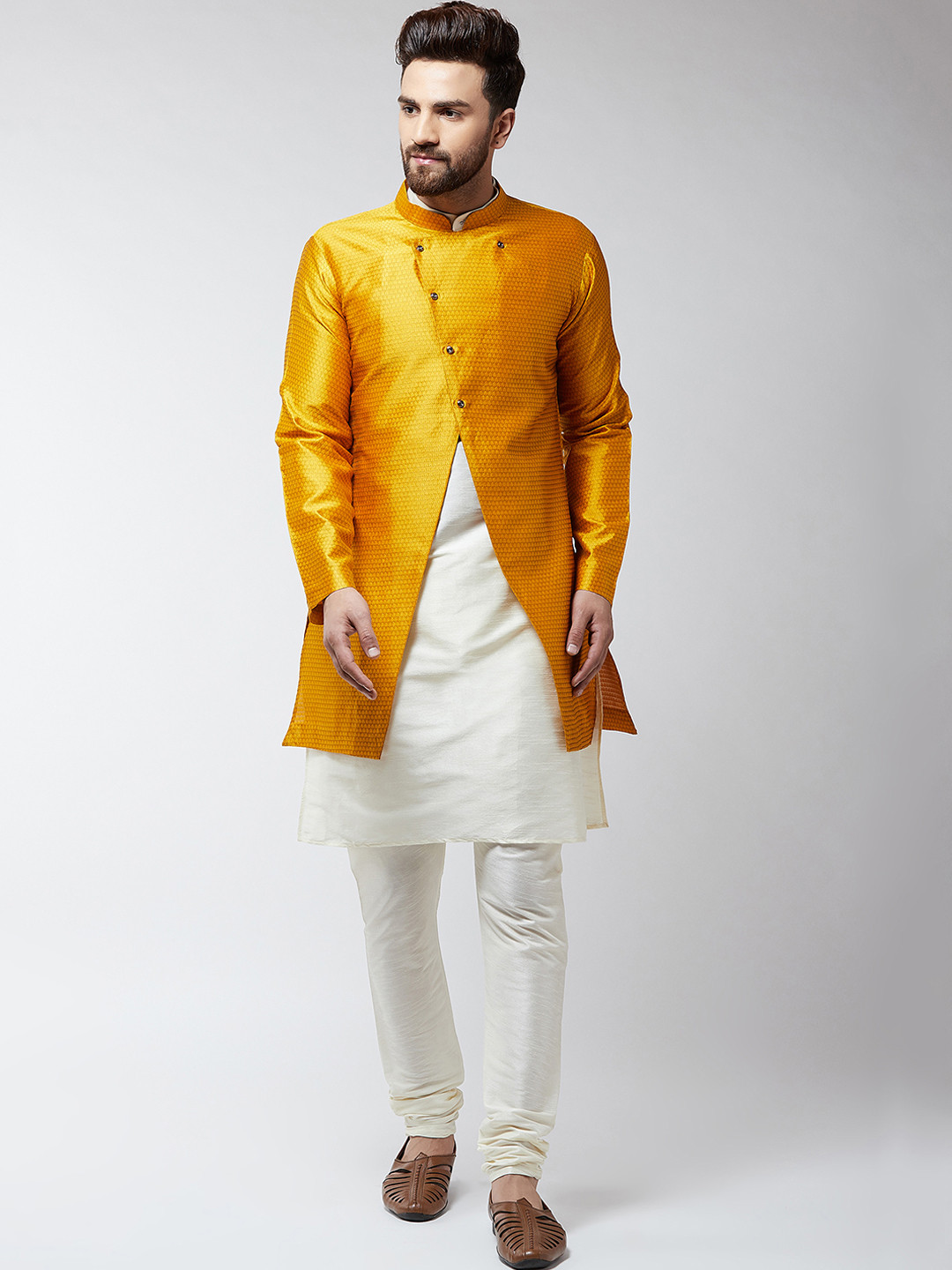 SOJANYA Men Mustard Yellow & Off White Self Design Sherwani Set
