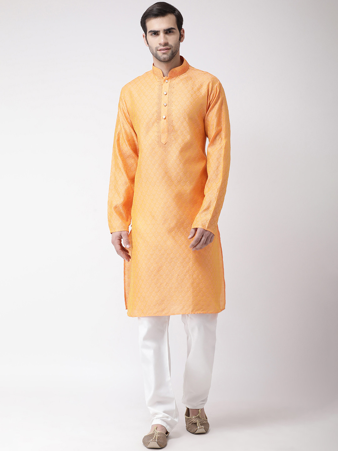SG LEMAN Men Orange & White Woven Design Kurta with Pyjamas