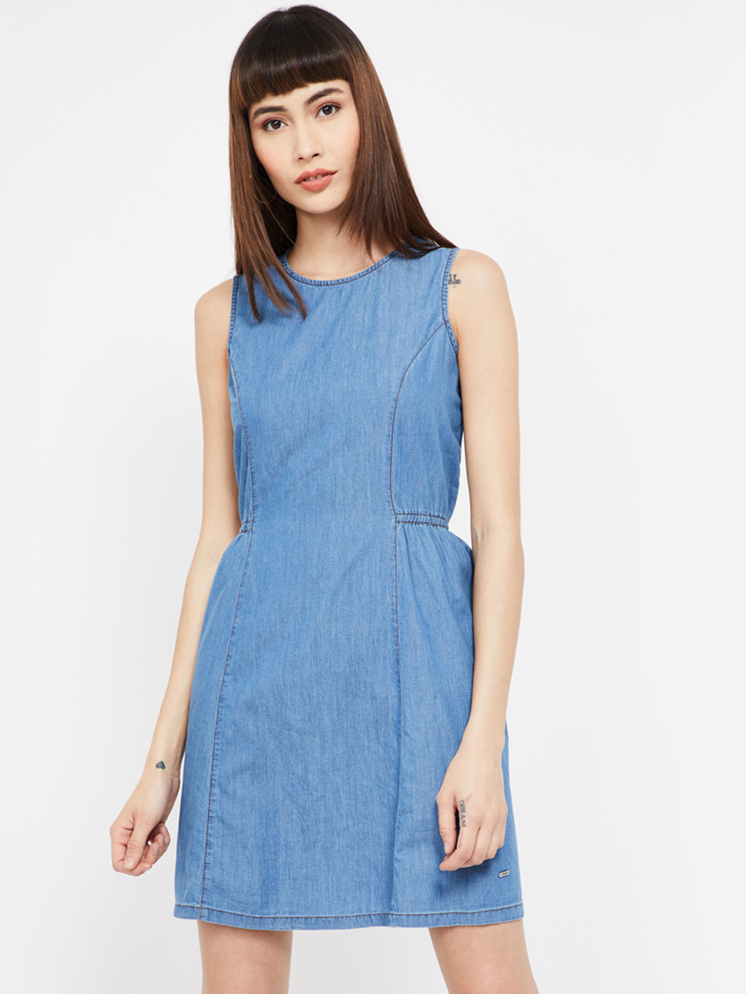 Xpose Women Blue Denim Fit and Flare Dress
