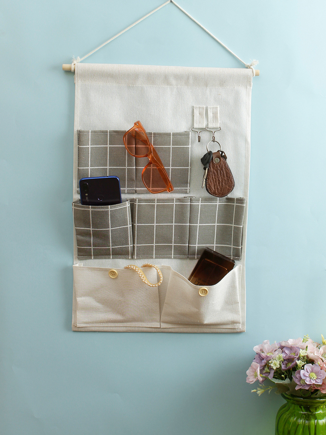 Cortina White & Grey Checked Multi-Utility Wall Hanging Organiser