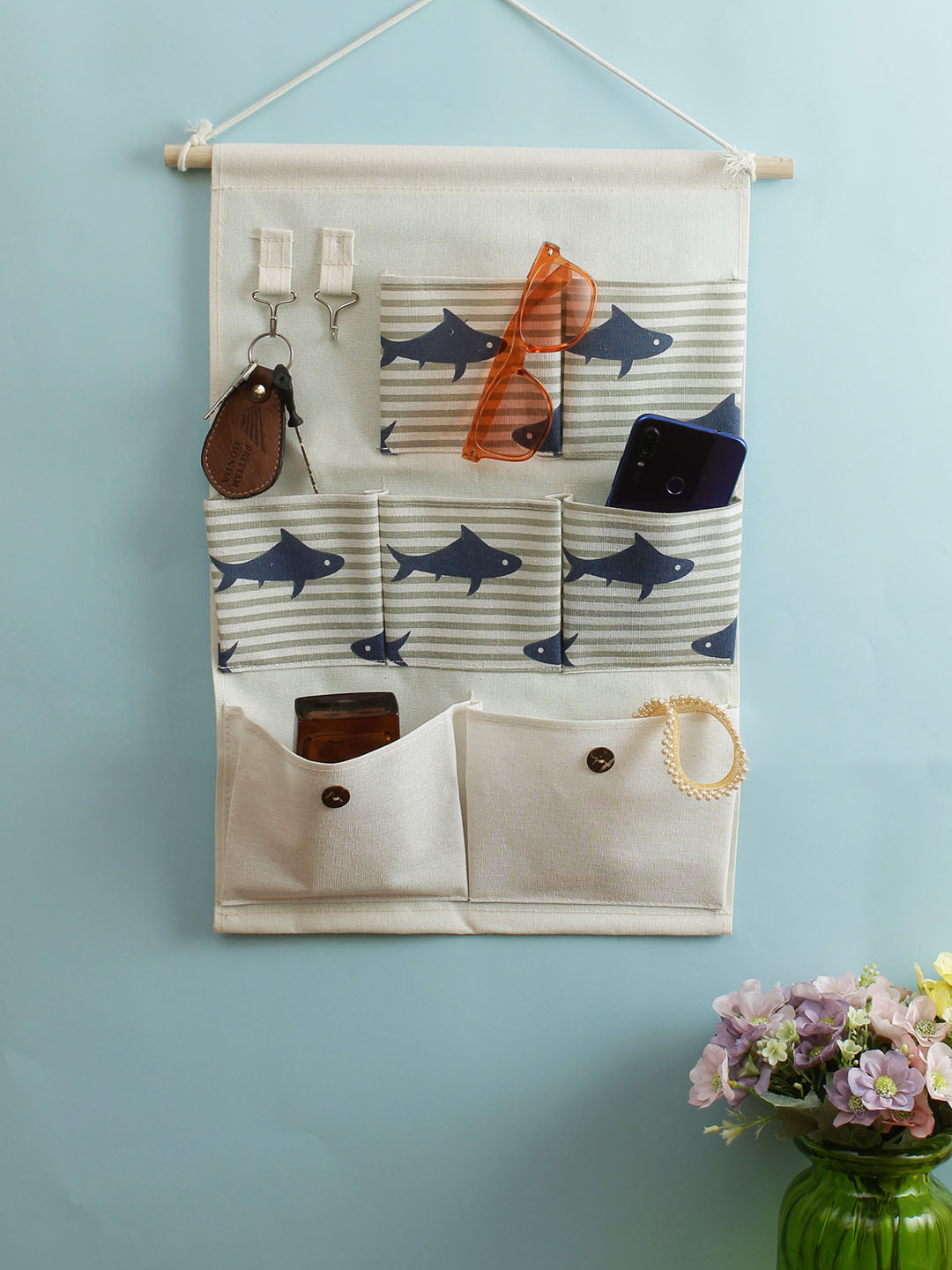 Cortina White & Blue Striped Multi-Utility Wall Hanging Organiser