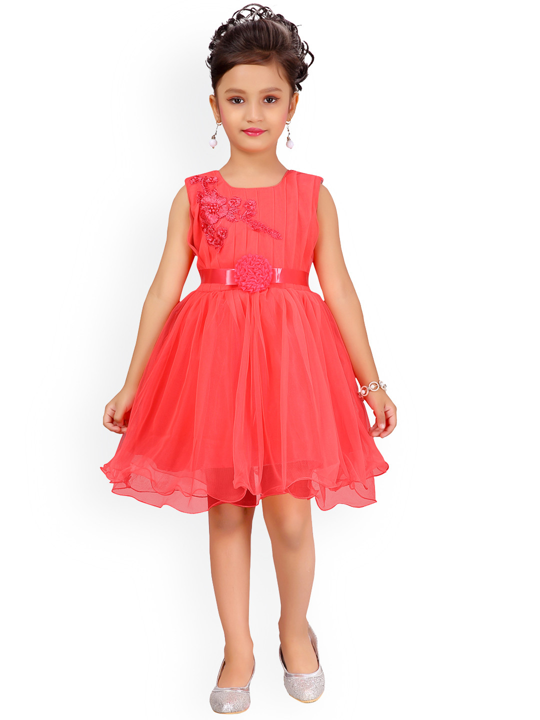 Aarika Girls Red Embellished Fit and Flare Dress