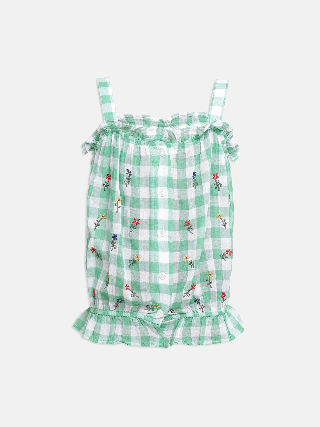 Oxolloxo Girls Green Checked Peplum Pure Cotton Top