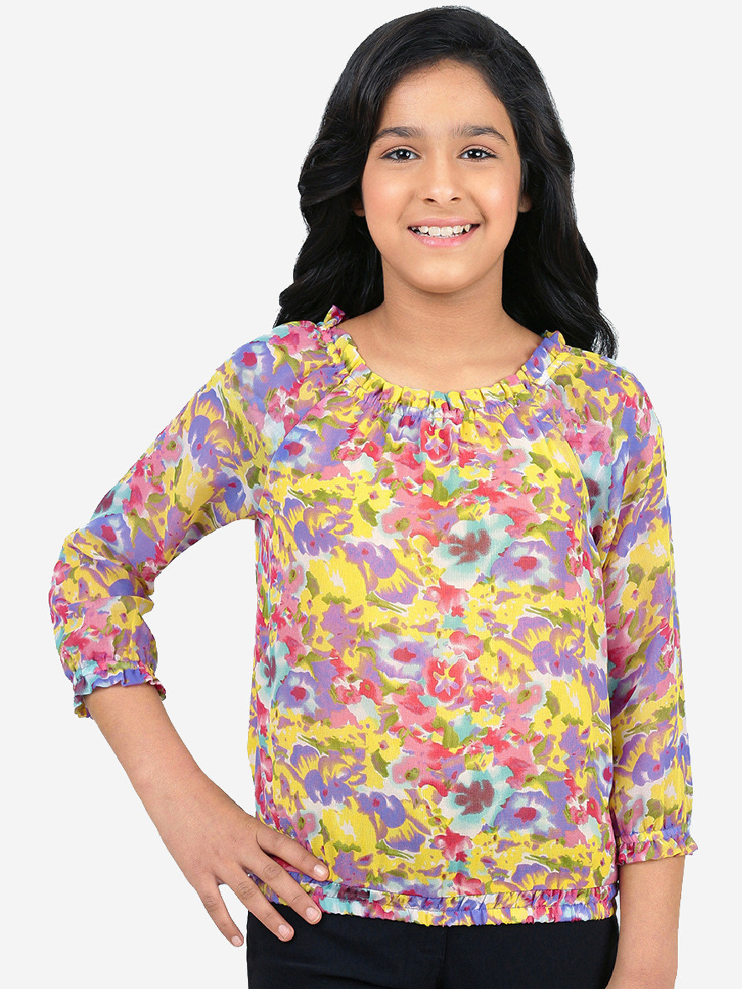 Merrigo Kidz Girls Yellow & Pink Printed Blouson Top