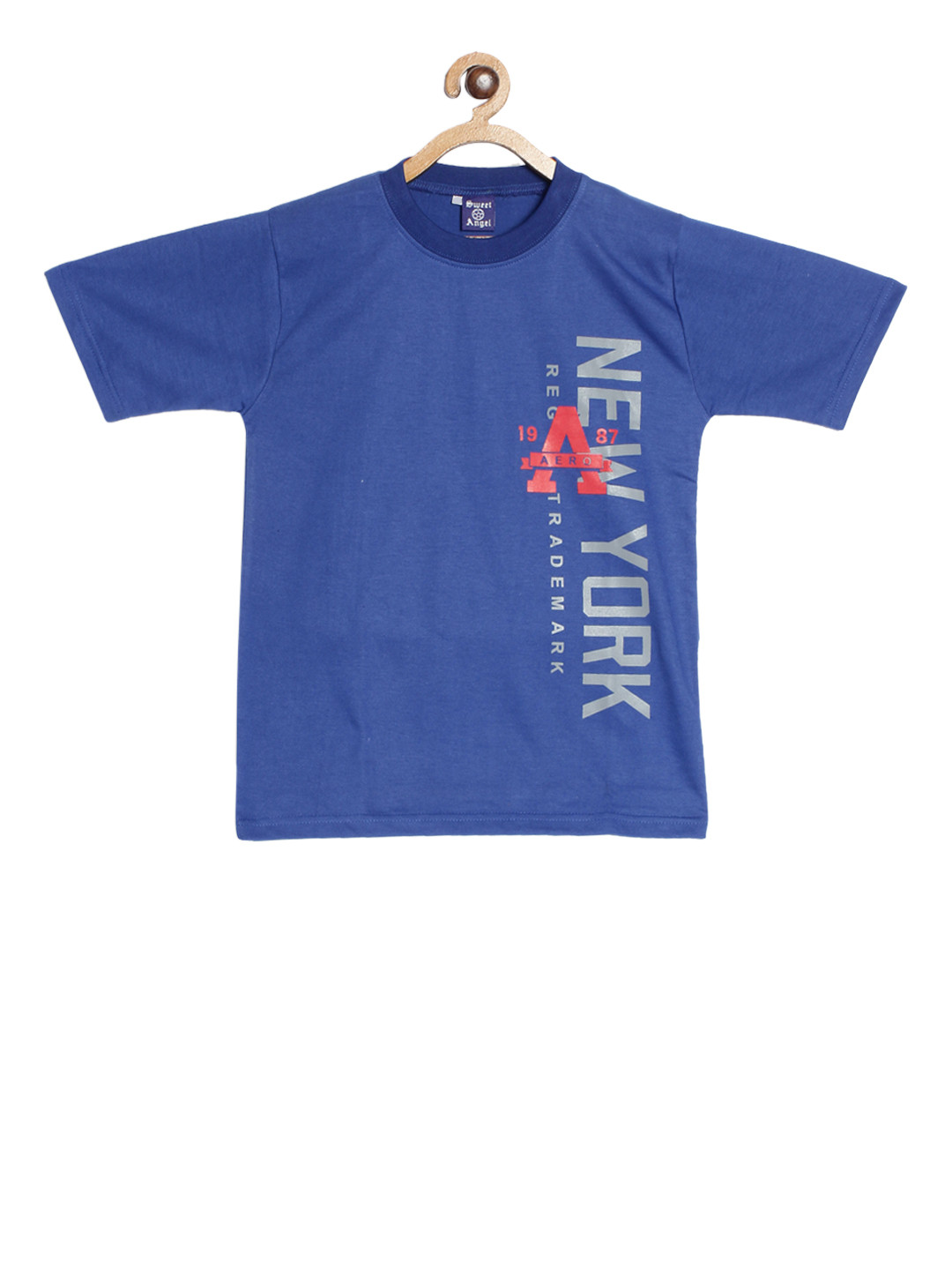 SWEET ANGEL Boys Blue Printed Round Neck Pure Cotton T-shirt