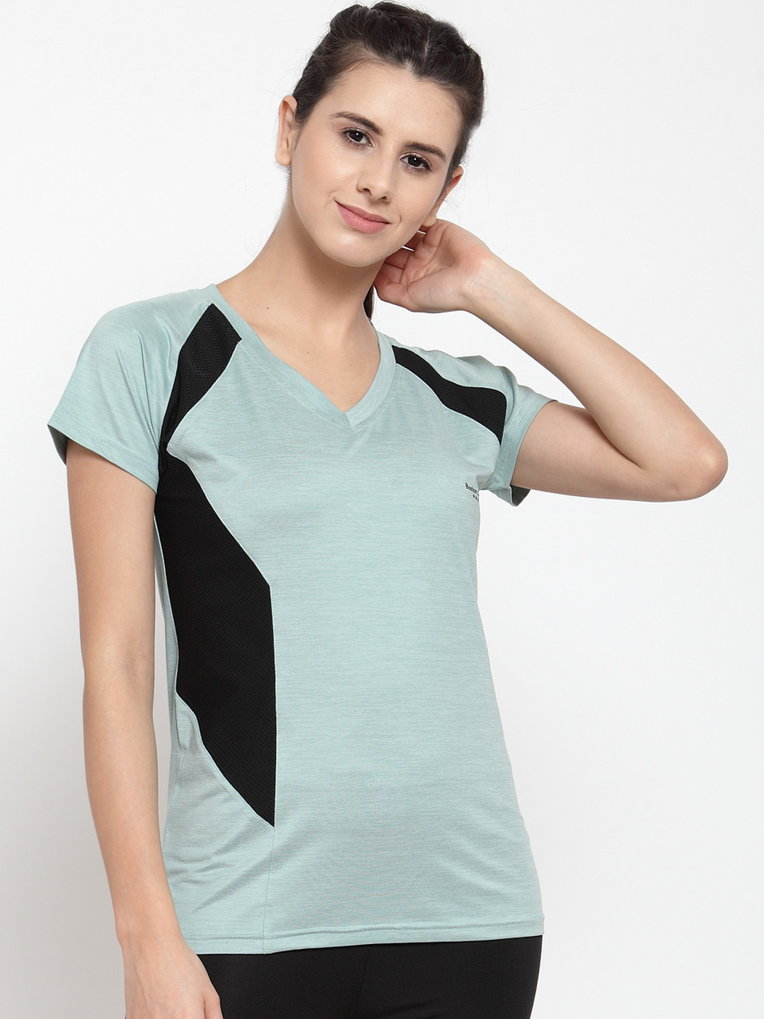 Boston Club Women Green & Black Colourblocked V-Neck T-shirt