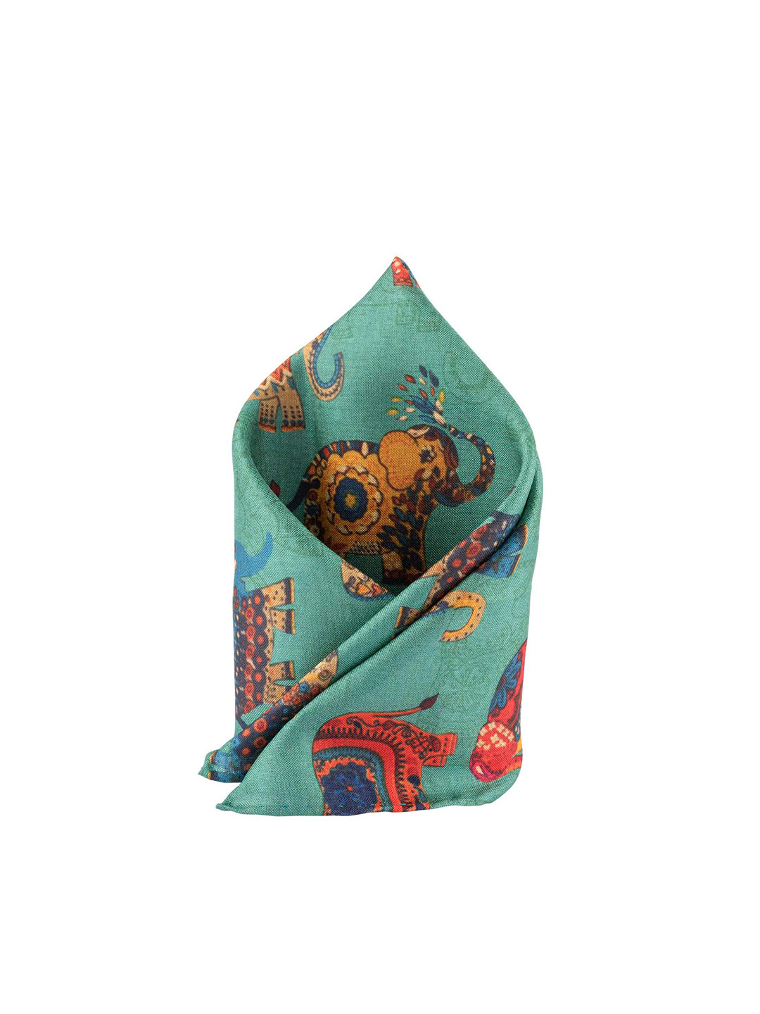 The Tie Hub Men Green & Orange Elephant Printed Pocket Square