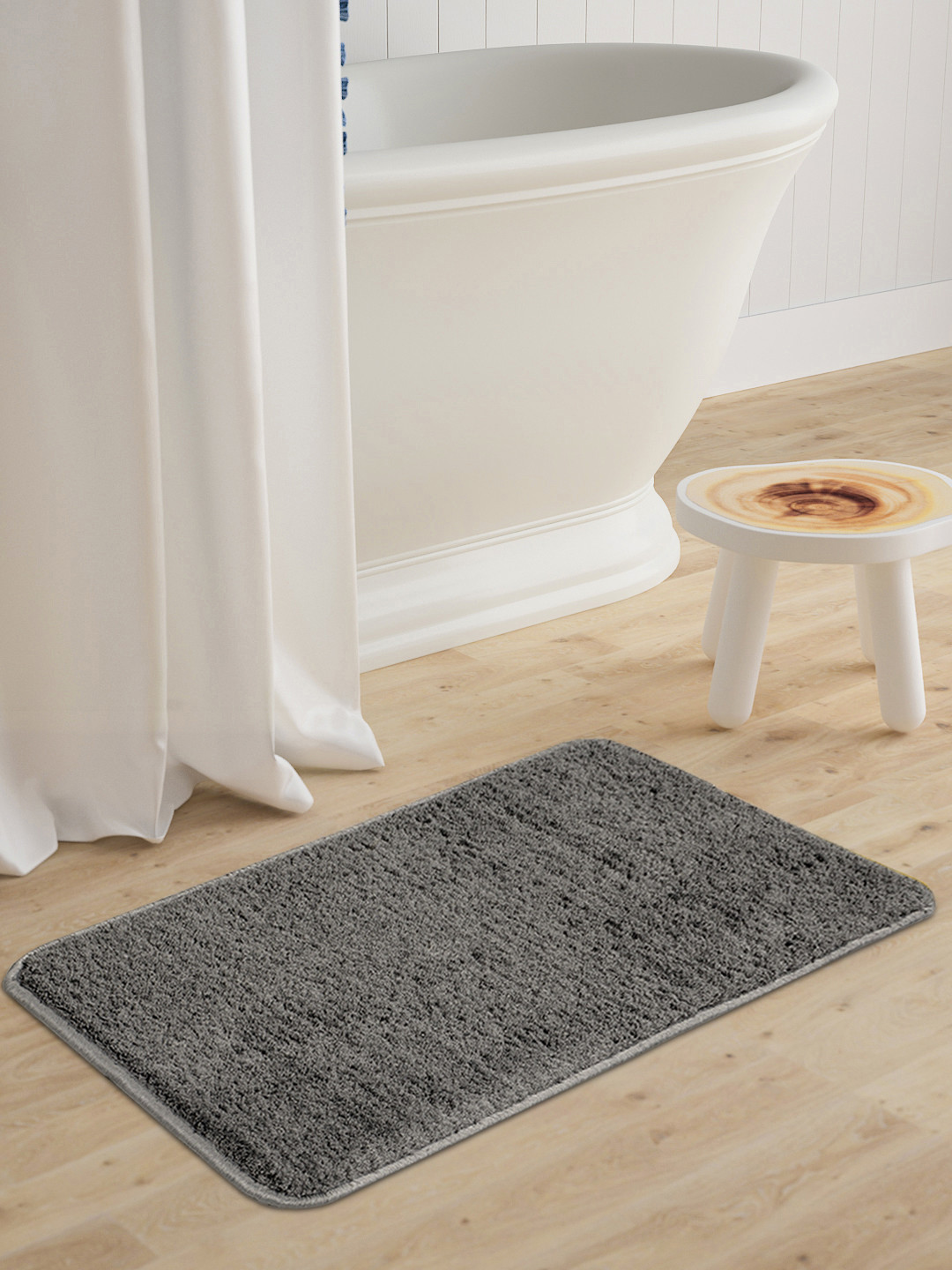 Saral Home Grey Solid Neo Shaggy Yarn Microfibre Anti-Skid Bath Mat