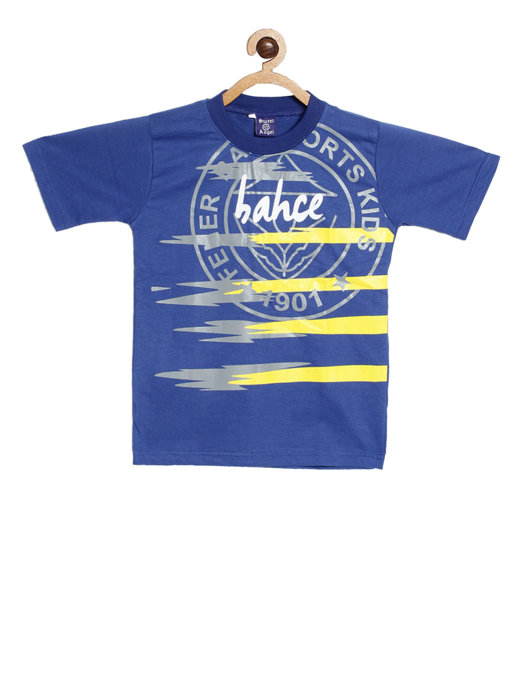 SWEET ANGEL Boys Blue Printed Round Neck Pure Cotton T-shirt