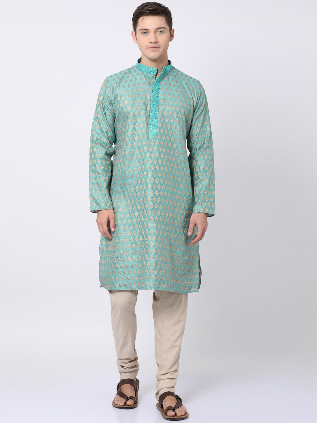 TABARD Men Green & Beige Woven Design Kurta with Churidar