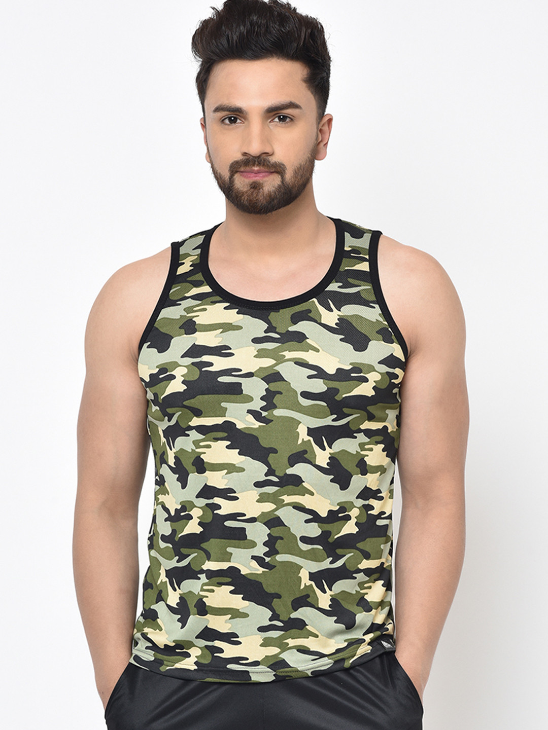 Aesthetic Bodies Men Olive Green Camouflage Printed Round Neck T-shirt