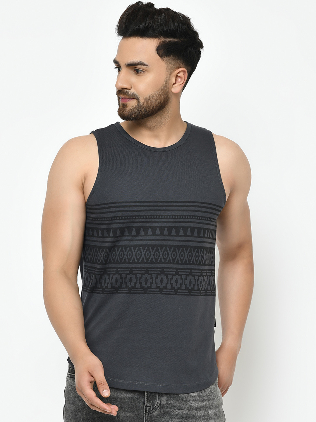 Rigo Charcoal Grey Tribal Printed Sleeveless T-Shirt