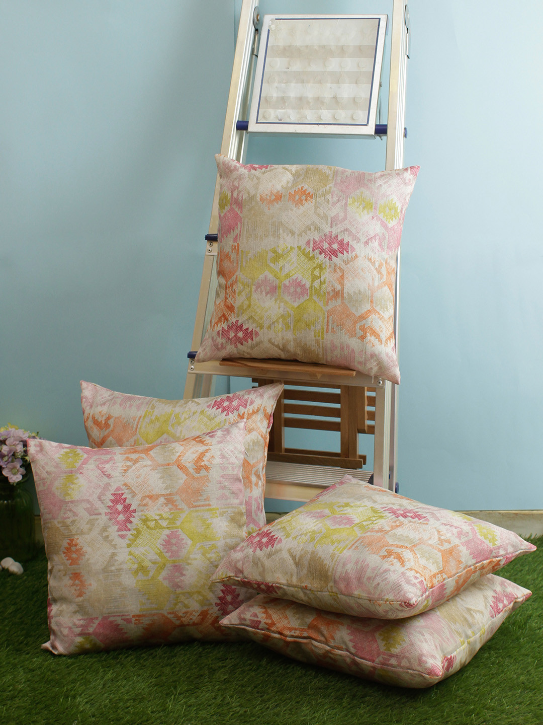 ROMEE Beige & Orange Set of 5 Geometric Square Cushion Covers