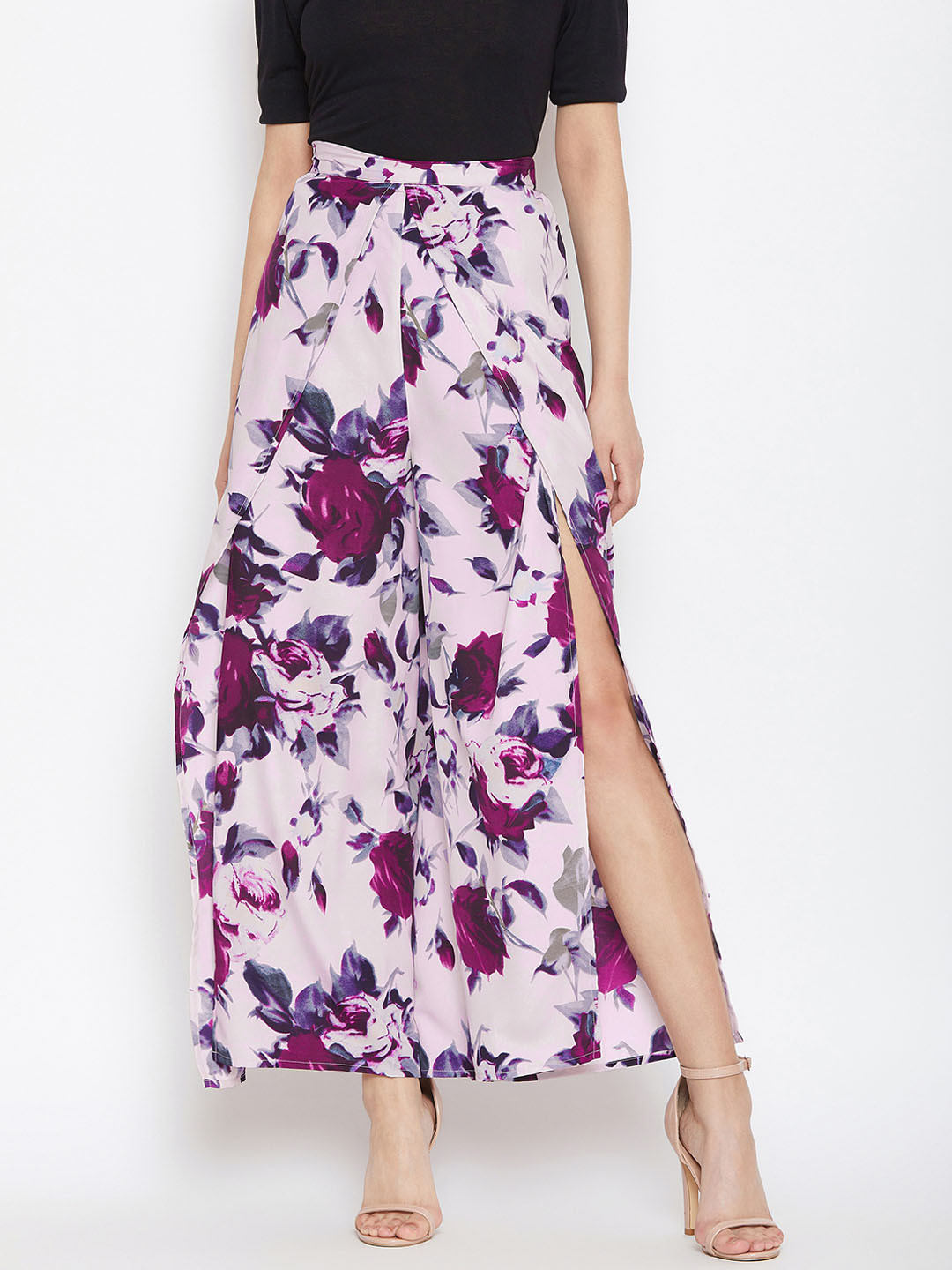 PURYS Women Pink & Purple Flared Printed Slit Parallel Trousers