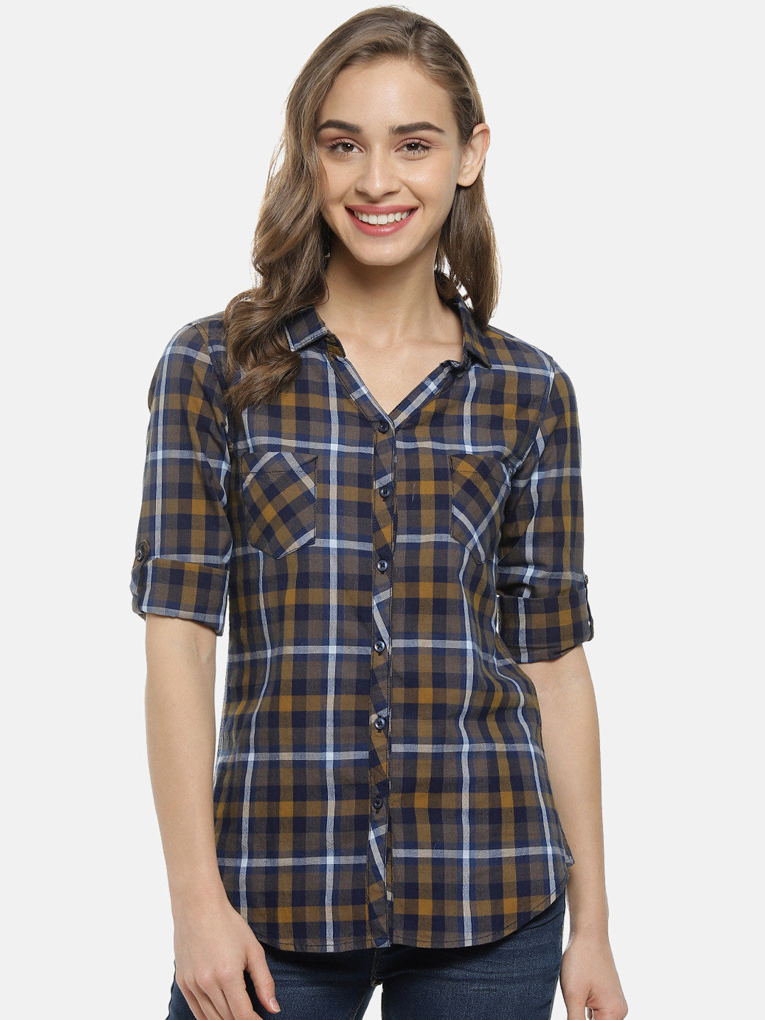 PINACOLADA Women Brown & Navy Blue Regular Fit Checked Casual Shirt