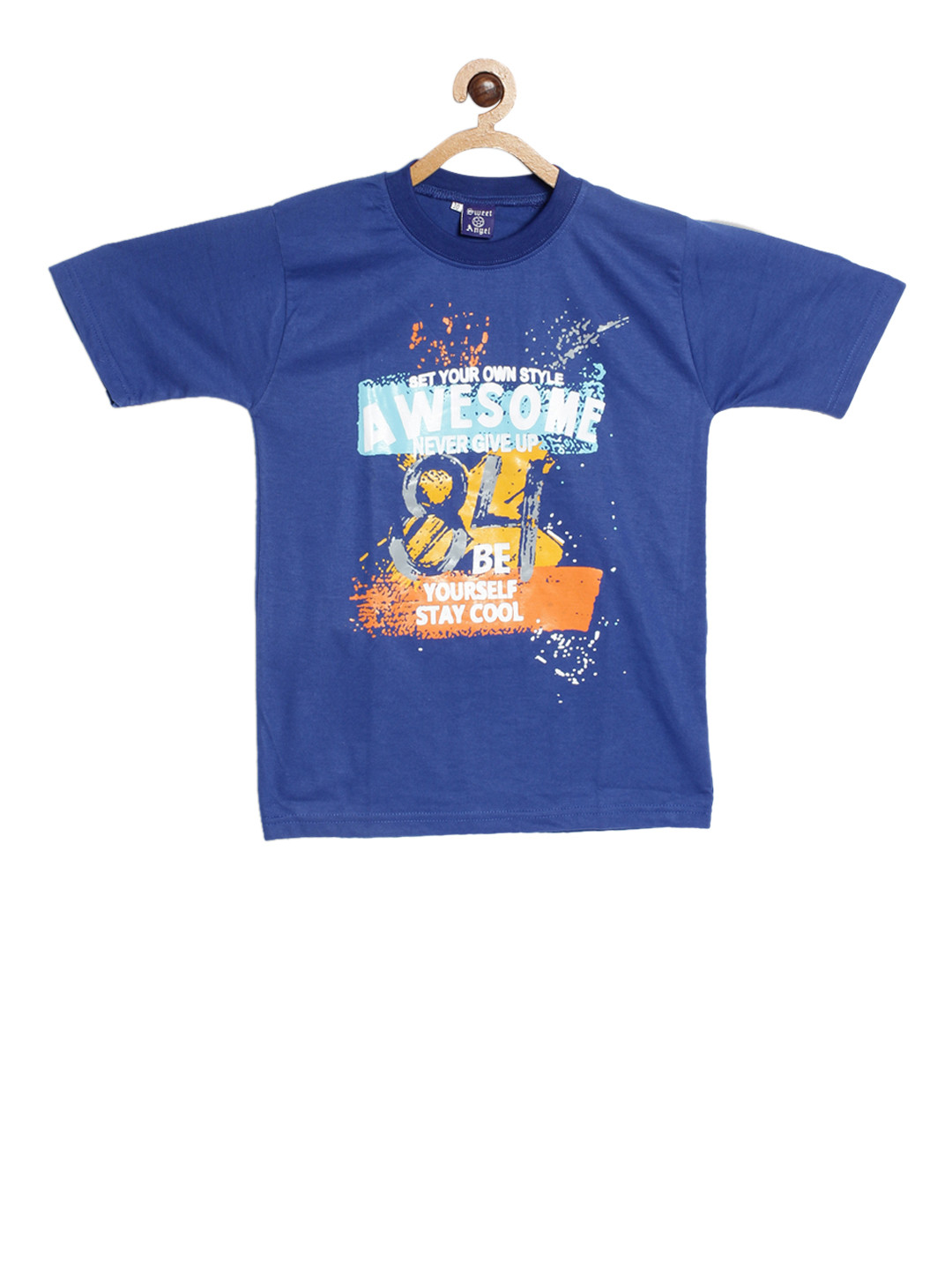 SWEET ANGEL Boys Blue Printed Round Neck Pure Cotton T-shirt