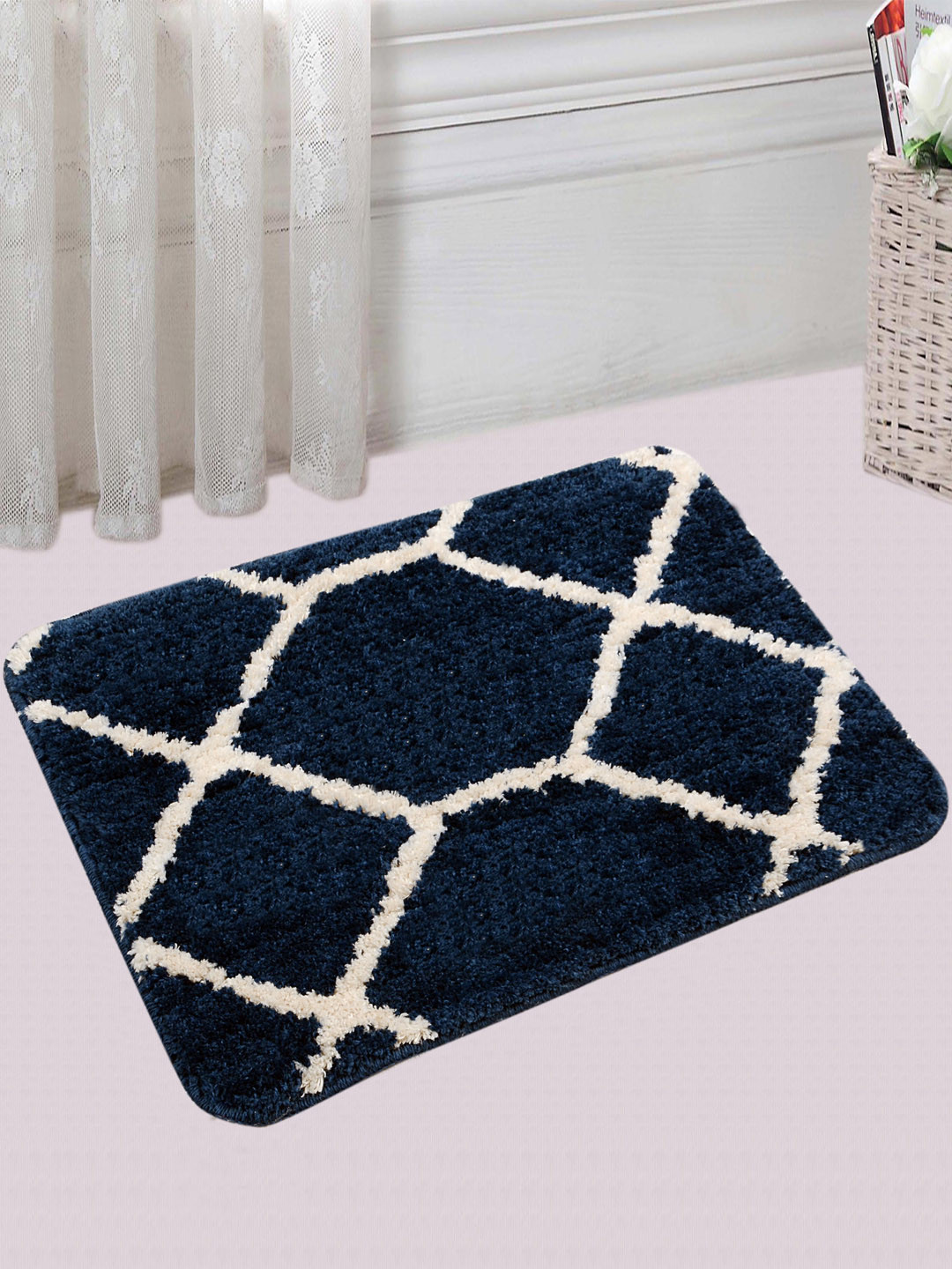 Saral Home Navy Blue & Cream-Coloured Anti Slip Microfibre Bath Mat
