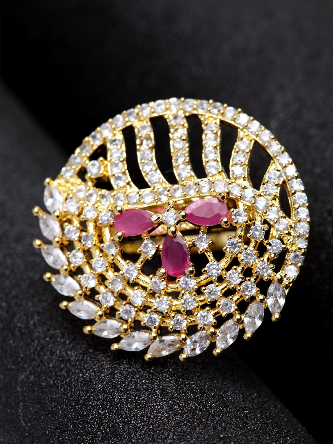 Bhana Fashion Gold-Plated & Magenta American Diamond Studded Circular Ring
