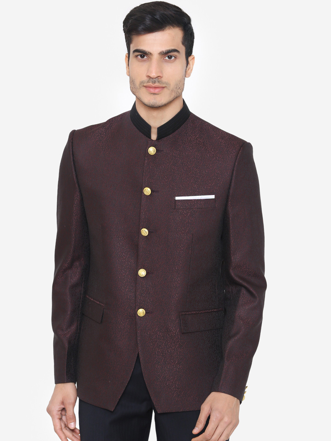Wintage Men Burgundy Self-Design Tailored-Fit Bandhgala Blazer