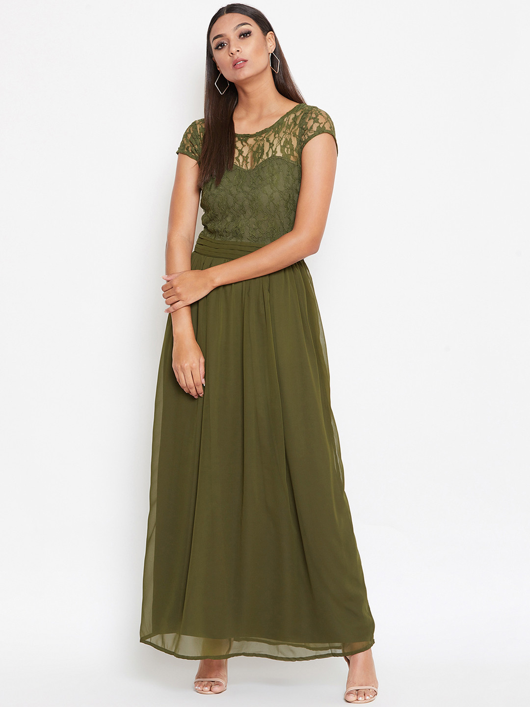 La Zoire Women Olive Green Self Design Maxi Dress