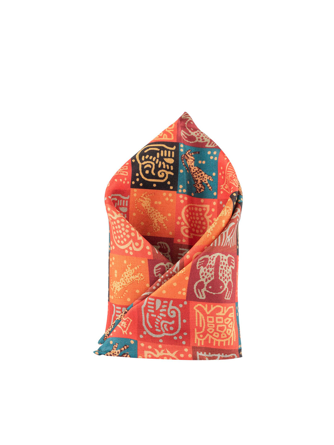 The Tie Hub Men Orange & Blue Animal Blocks Printed Pocket Square