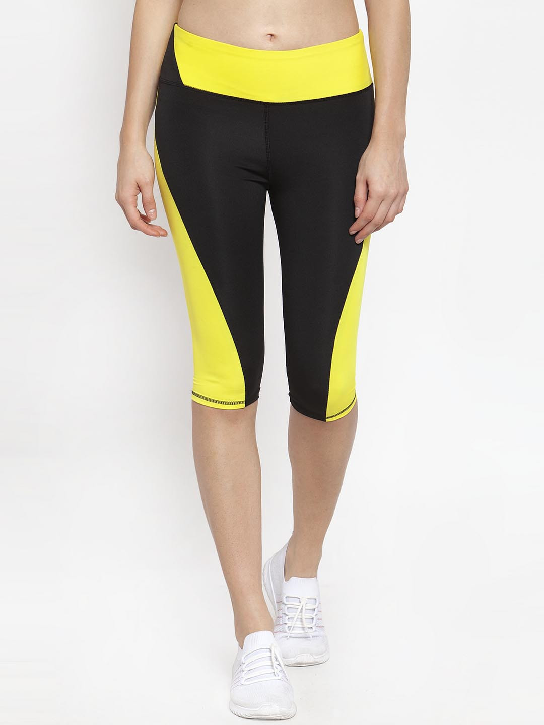 Boston Club Women Black & Yellow Colourblocked Capri Tights