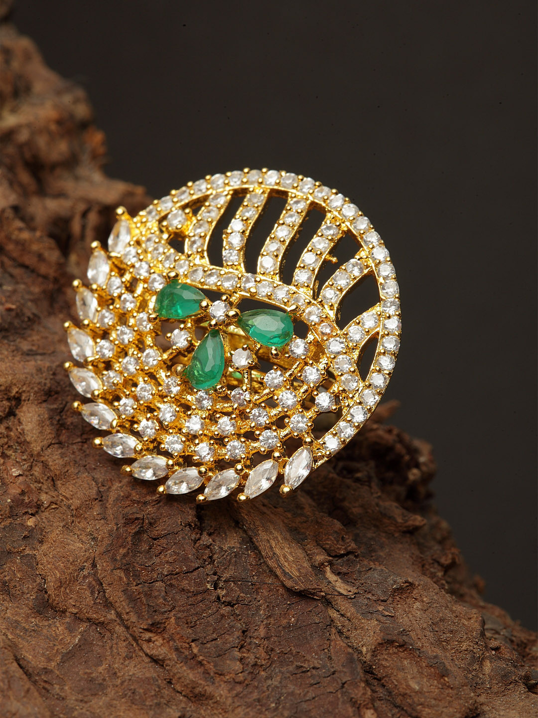 Bhana Fashion Gold-Plated & Green American Diamond Studded Circular Finger Ring