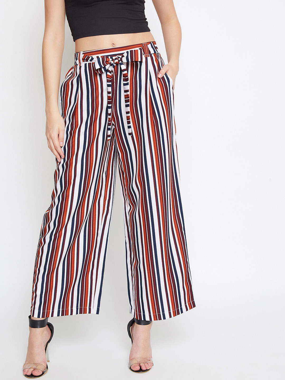PURYS Women White & Rust Brown Flared Striped Culottes