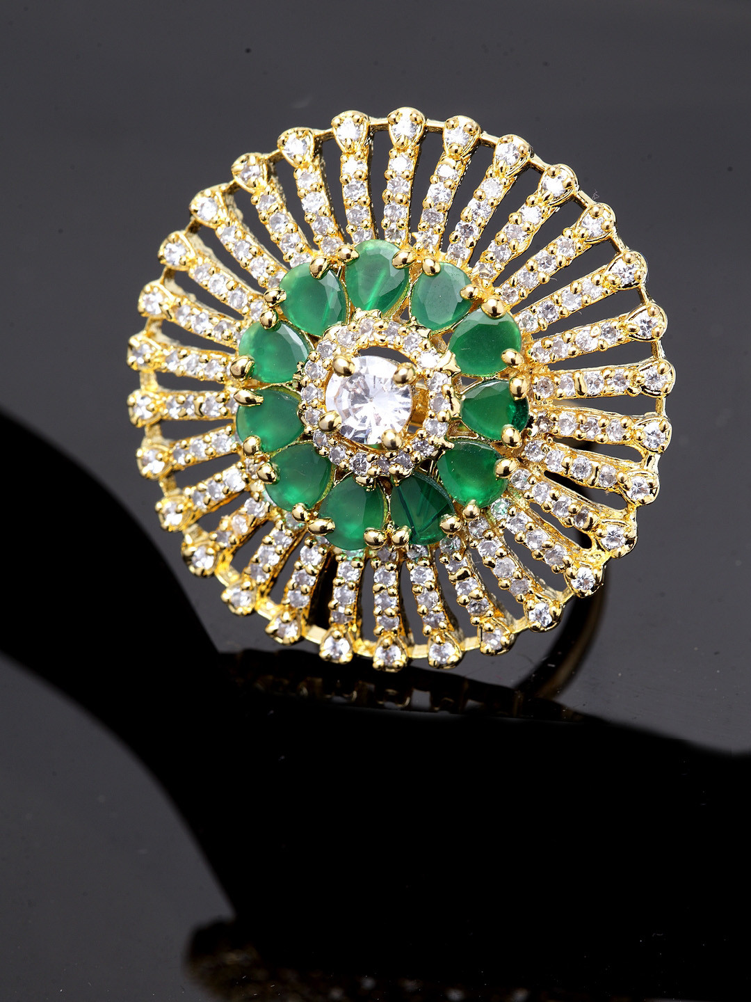 Bhana Fashion Gold-Plated Green American Diamond Circular-Shape Handcrafted Finger Ring