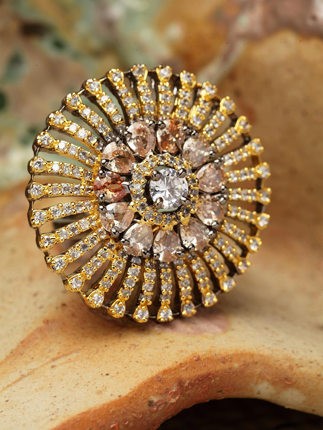 Bhana Fashion Women Rhodium-Plated White & Tan American Diamond Stone Studded Handcrafted Circular Ring