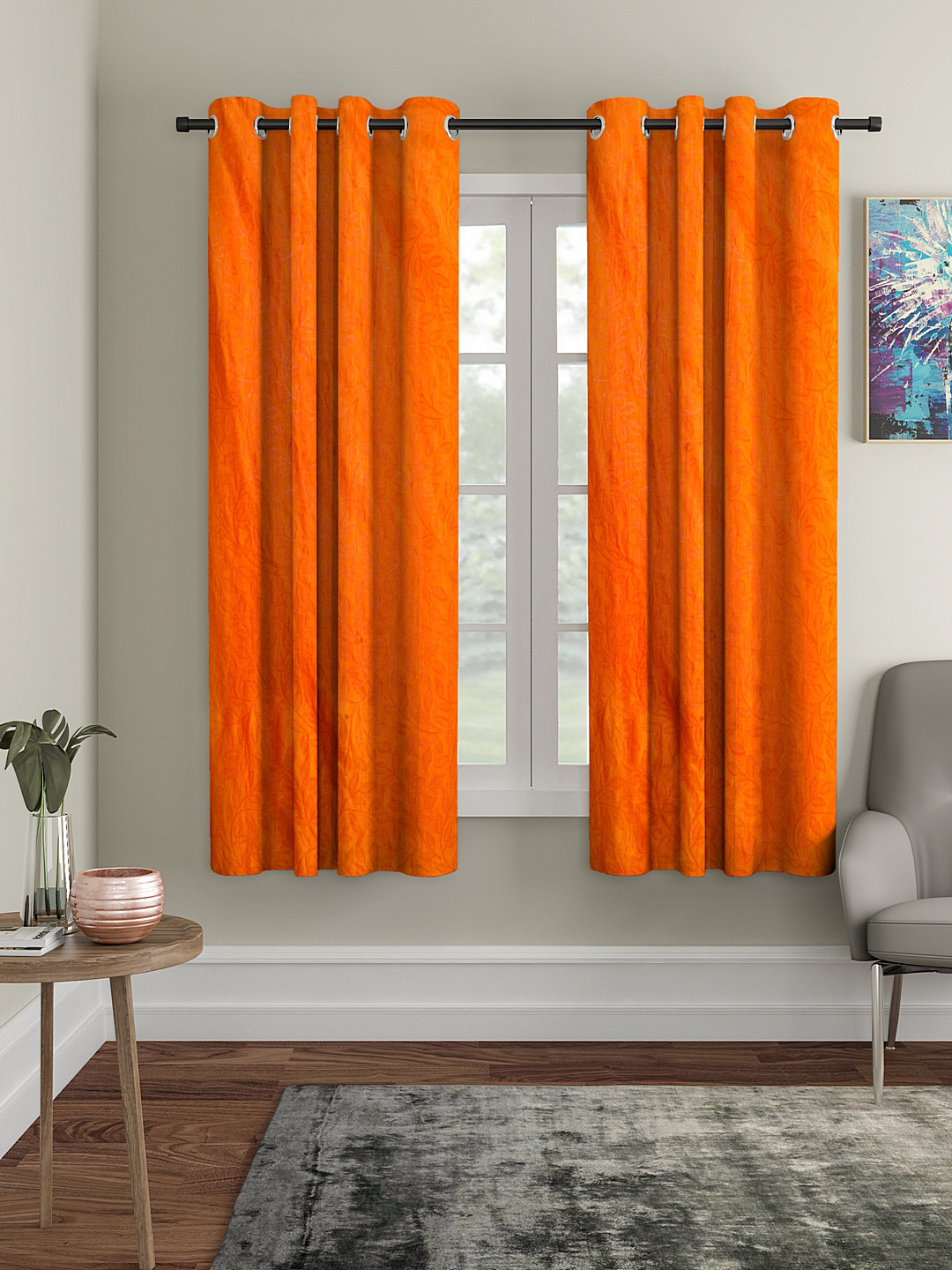 Cortina Orange Set of 2 Embossed Leaf Print Window Curtains