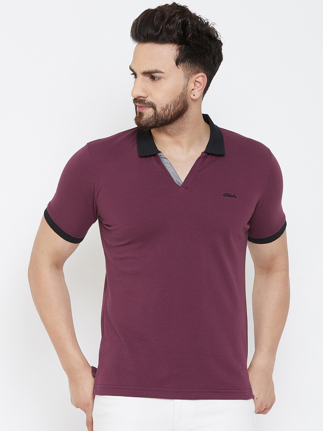Adobe Men Purple Solid Polo Collar T-shirt